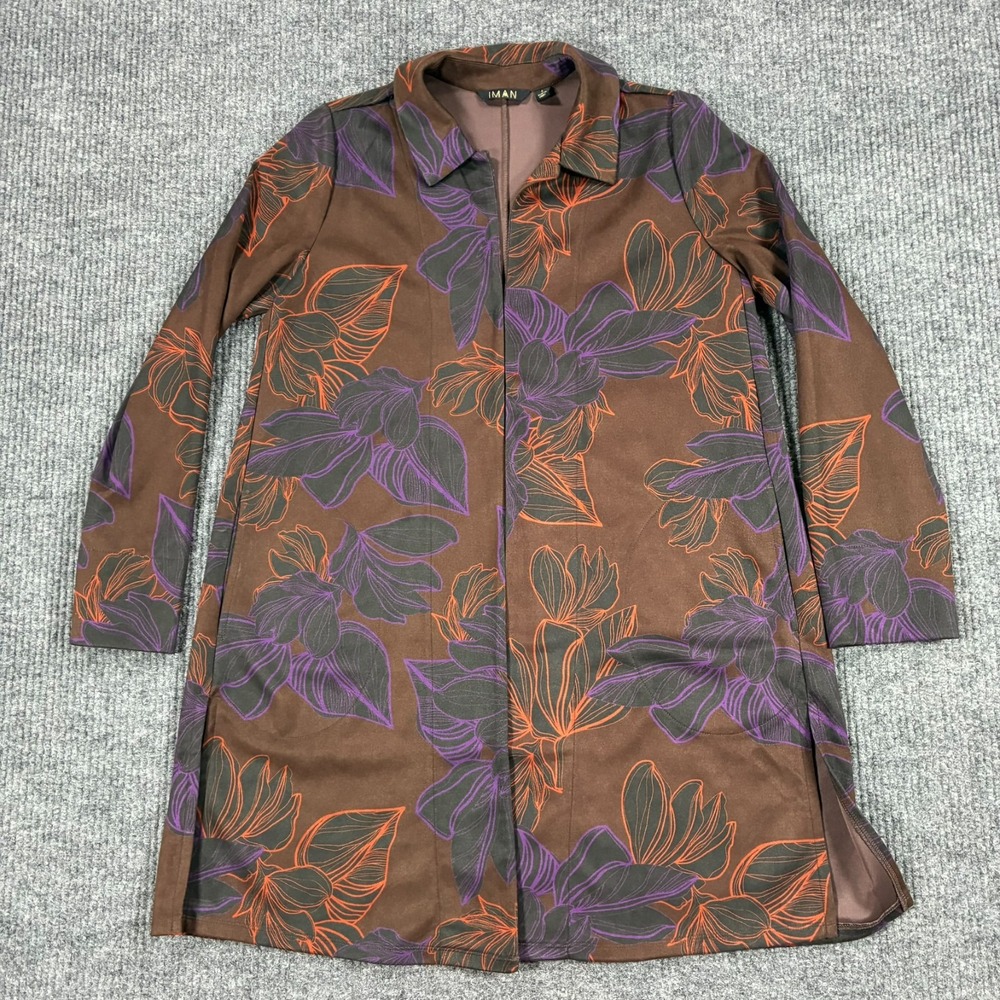 IMAN Womens Long Jacket Duster Coat Size Large Brown Floral Print Casual